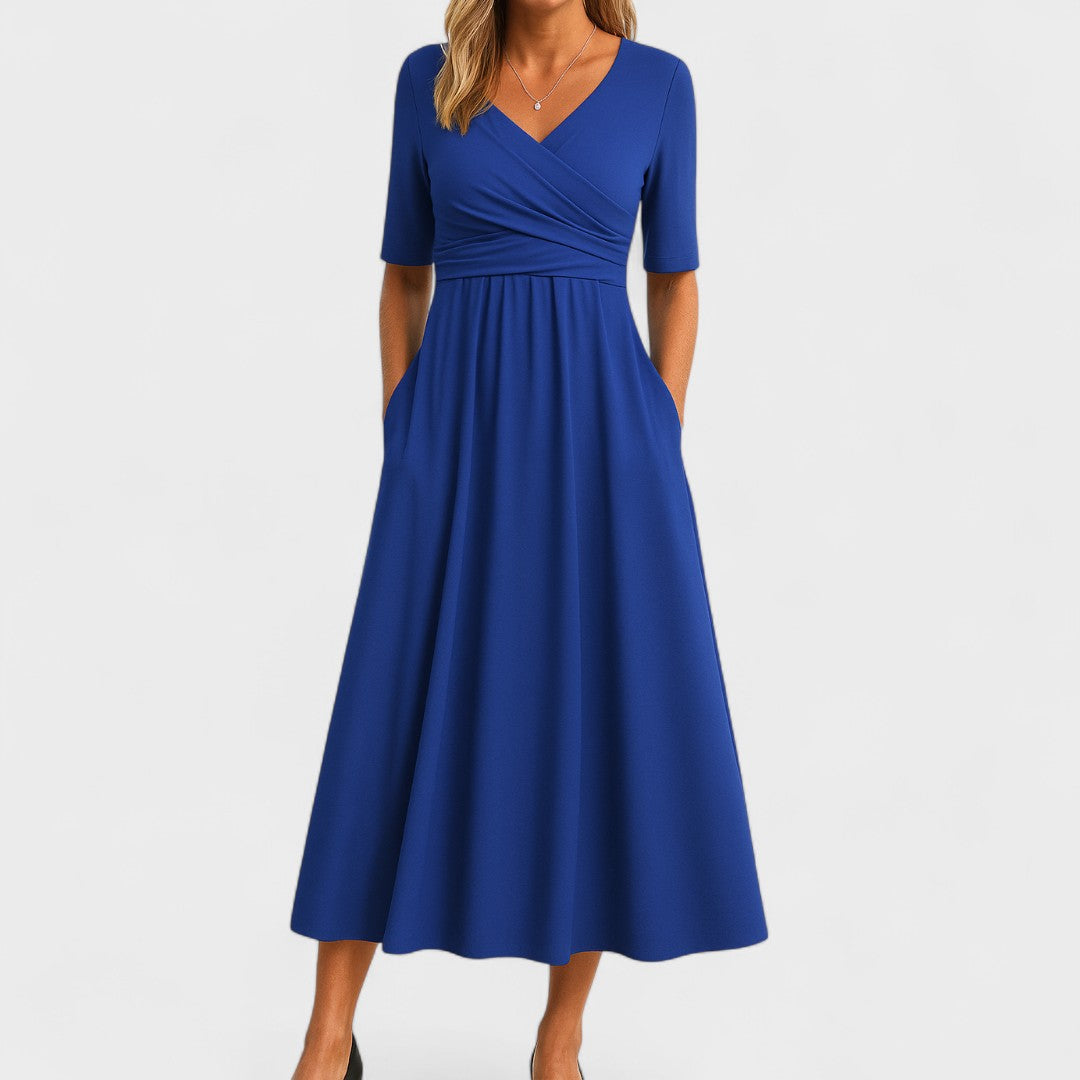 Midi Jurk met Overslaghals en Uitlopende Rok
