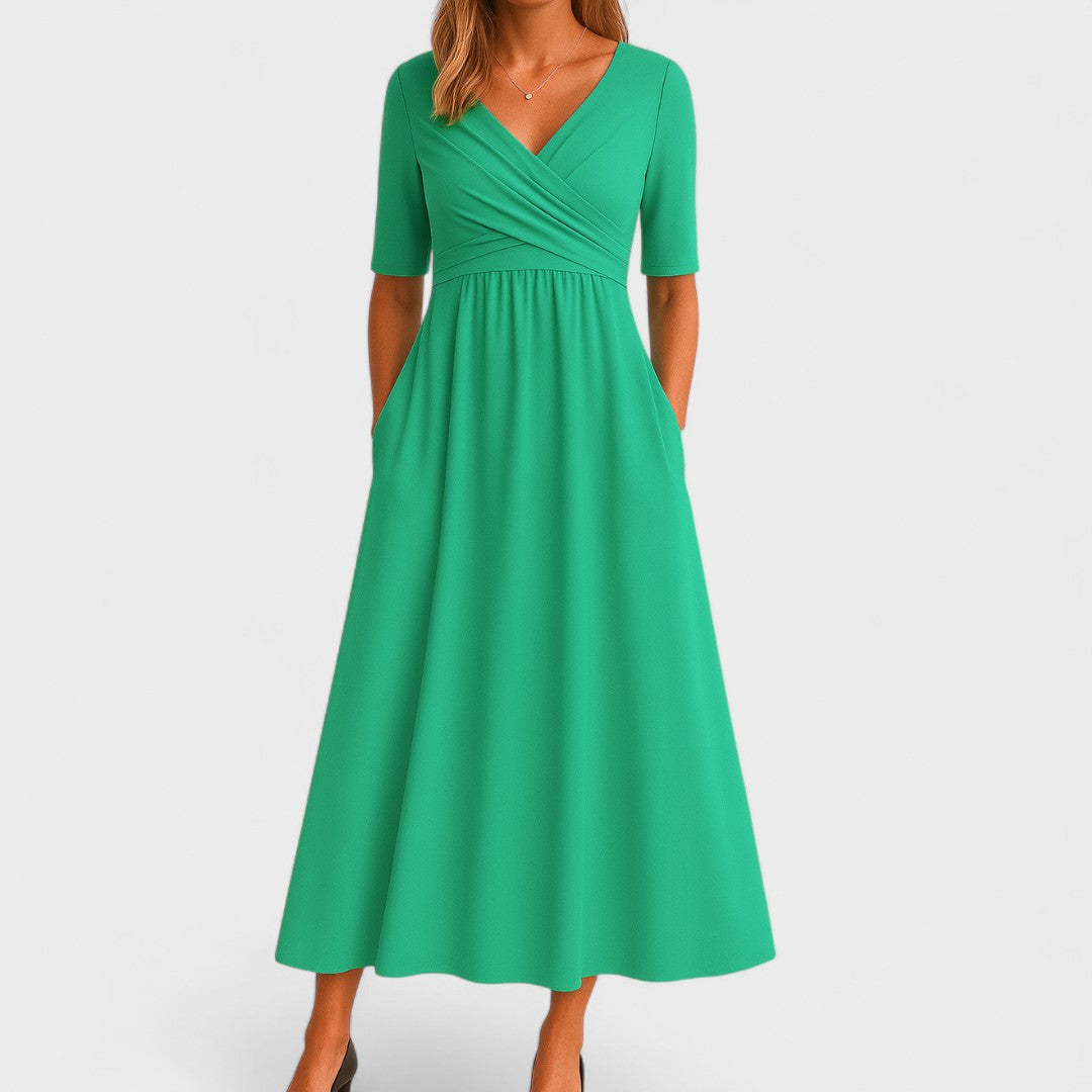 Midi Jurk met Overslaghals en Uitlopende Rok