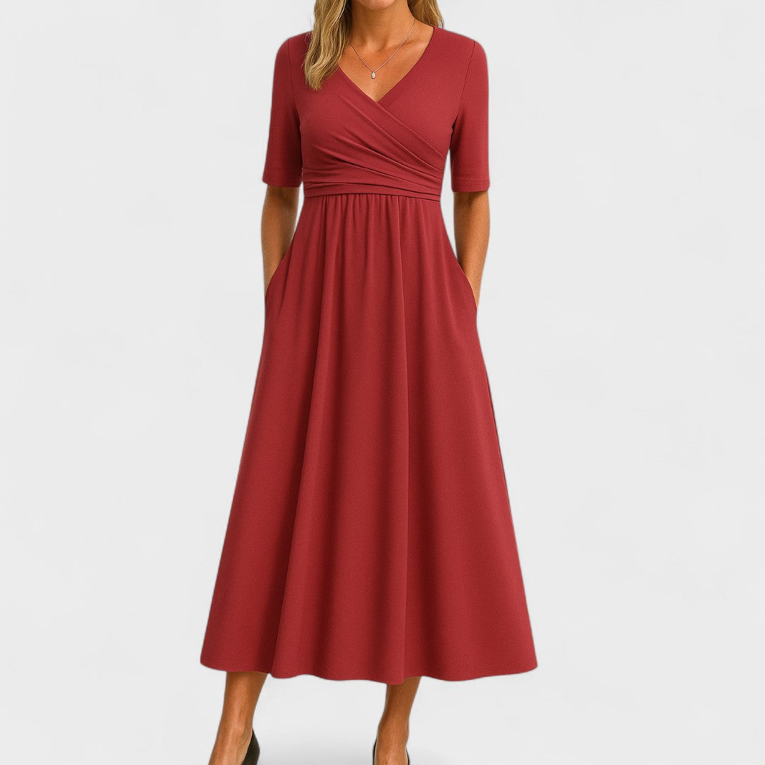 Midi Jurk met Overslaghals en Uitlopende Rok