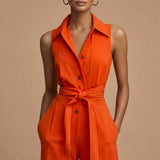 Mouwloze Jumpsuit met Reverskraag en Tailleceintuur