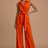 Mouwloze Jumpsuit met Reverskraag en Tailleceintuur